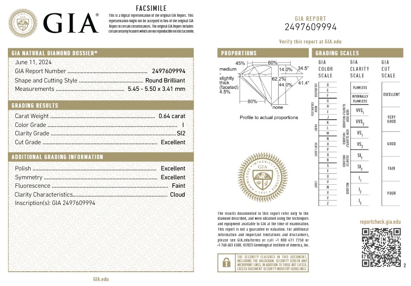 0.64 carat natural Round diamond, I SI2, GIA certified