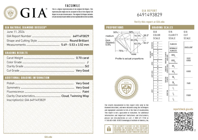 0.70 carat natural Round diamond, J SI2, GIA certified