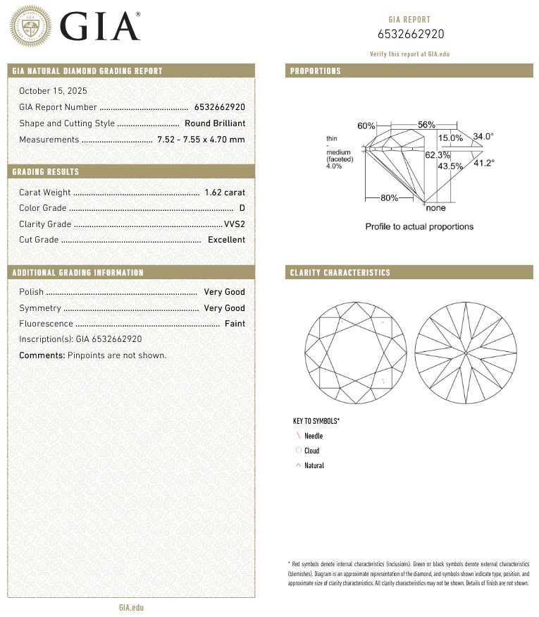 1.62 carat natural Round diamond, D VVS2, GIA certified